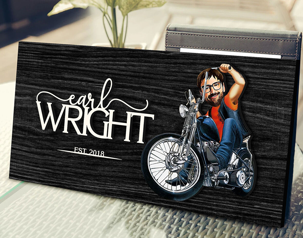 BK Gift Kişiye Özel Erkek Motorcu Karikatürlü Kabartma Figürlü Ahşap Tablo, Duvar Dekoru, Arkadaşa Hediye, Özel Tasarım Ev Hediyesi-4