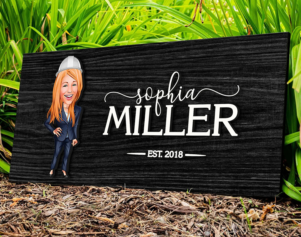 BK Gift Kişiye Özel Kadın Mühendis Karikatürlü Kabartma Figürlü Ahşap Tablo, Duvar Dekoru, Arkadaşa Hediye, Özel Tasarım Ev Hediyesi-1