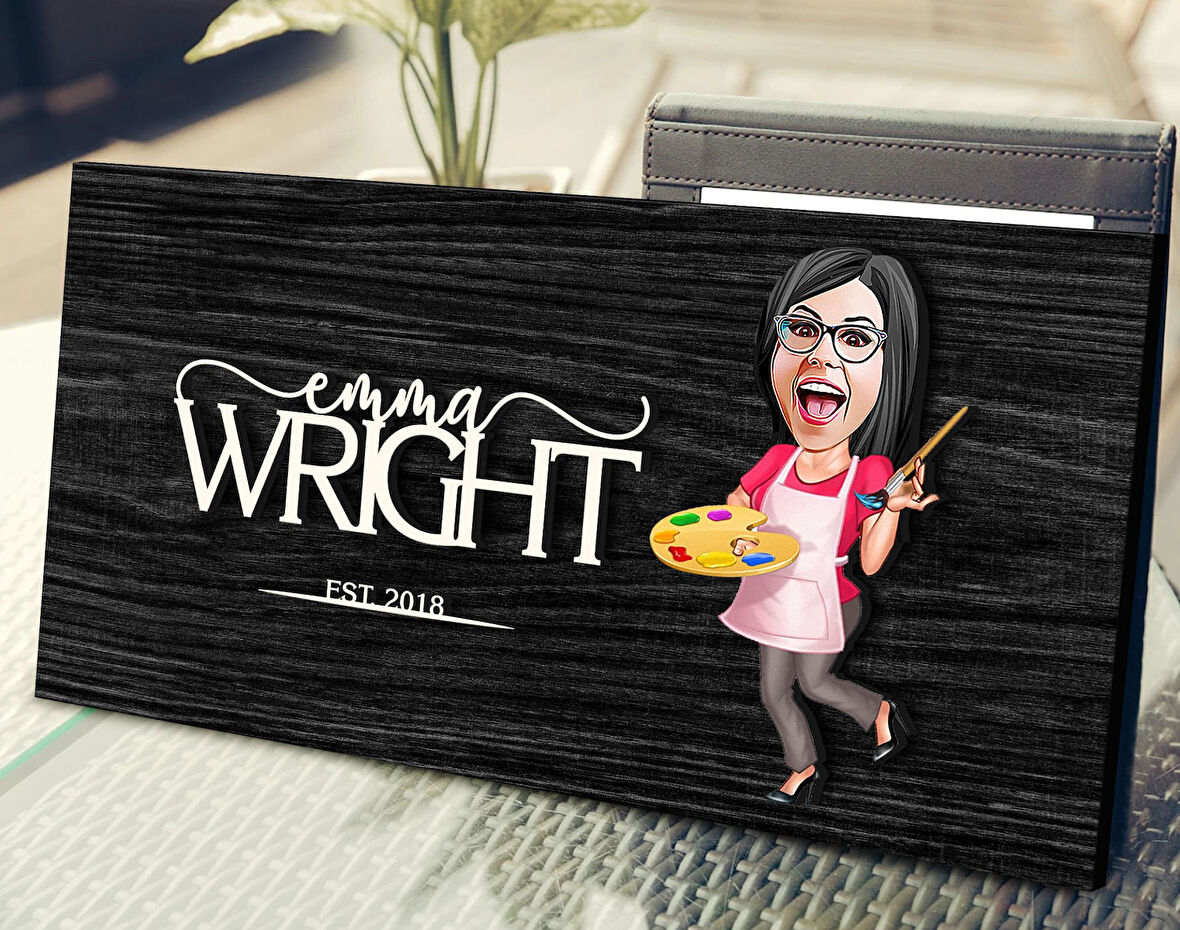 BK Gift Kişiye Özel Kadın Ressam Karikatürlü Kabartma Figürlü Ahşap Tablo, Duvar Dekoru, Arkadaşa Hediye, Özel Tasarım Ev Hediyesi-1