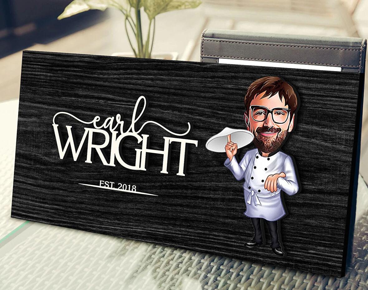 BK Gift Kişiye Özel Pizza Şefi Karikatürlü Kabartma Figürlü Ahşap Tablo, Duvar Dekoru, Arkadaşa Hediye, Özel Tasarım Ev Hediyesi-1