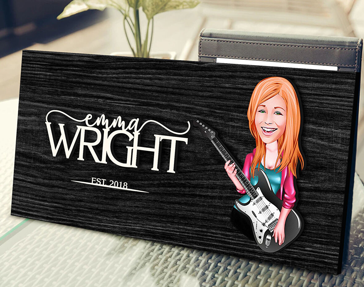 BK Gift Kişiye Özel Kadın Gitarist Karikatürlü Kabartma Figürlü Ahşap Tablo, Duvar Dekoru, Arkadaşa Hediye, Özel Tasarım Ev Hediyesi-1