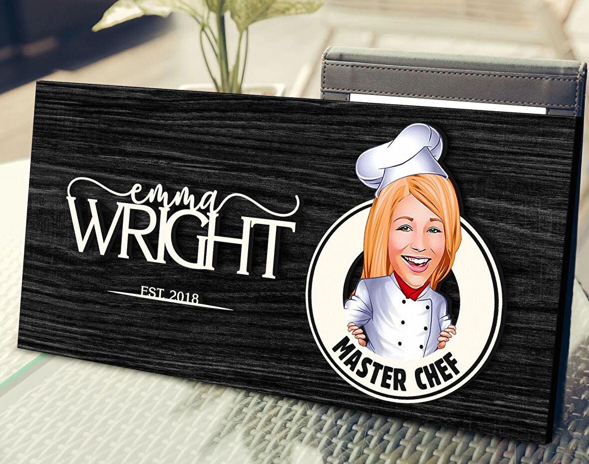 BK Gift Kişiye Özel Kadın Chef Karikatürlü Kabartma Figürlü Ahşap Tablo, Duvar Dekoru, Arkadaşa Hediye, Özel Tasarım Ev Hediyesi-1