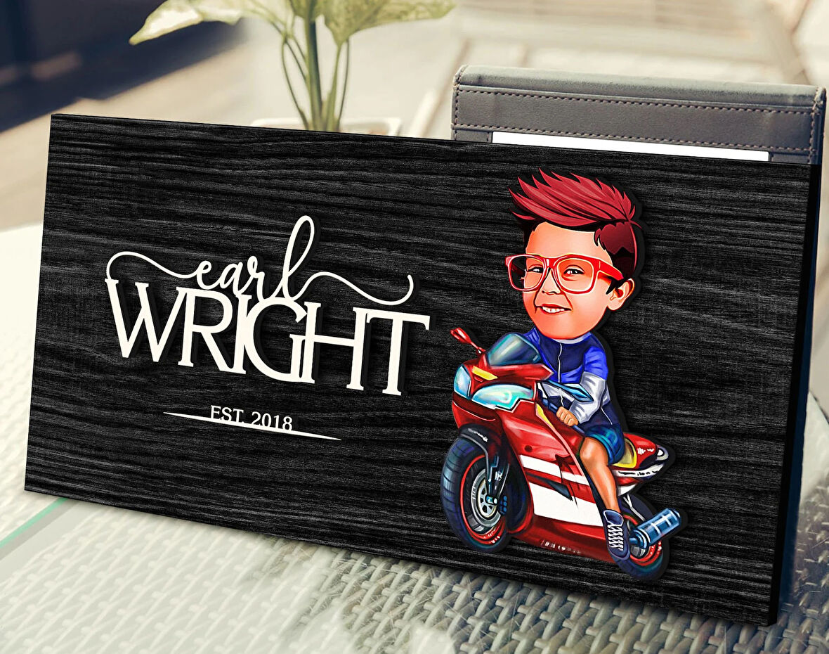 BK Gift Kişiye Özel Motorcu Çocuk Karikatürlü Kabartma Figürlü Ahşap Tablo, Duvar Dekoru, Arkadaşa Hediye, Özel Tasarım Ev Hediyesi-1