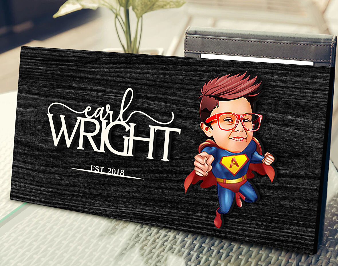 BK Gift Kişiye Özel Süper Çocuk Karikatürlü Kabartma Figürlü Ahşap Tablo, Duvar Dekoru, Arkadaşa Hediye, Özel Tasarım Ev Hediyesi-1