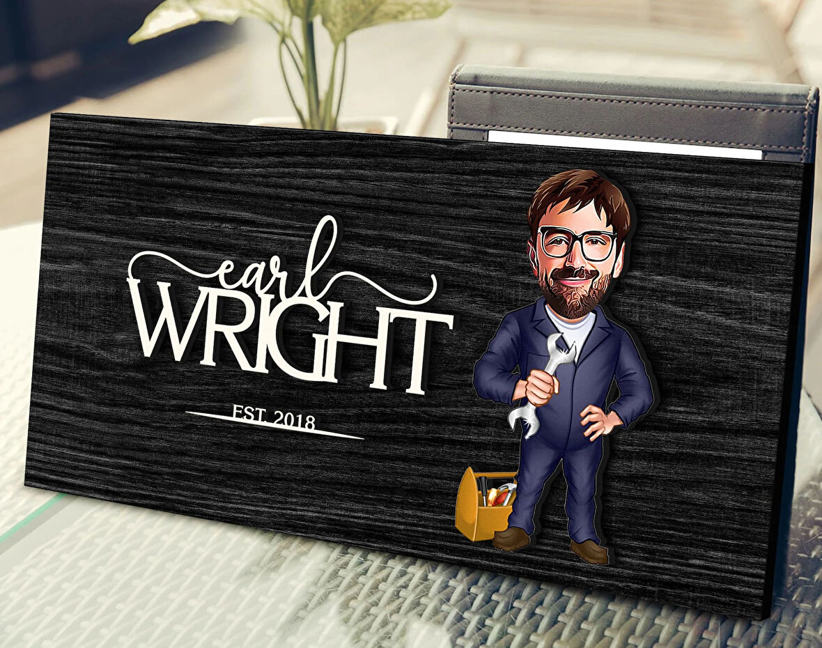 BK Gift Kişiye Özel Tamirci Karikatürlü Kabartma Figürlü Ahşap Tablo, Duvar Dekoru, Arkadaşa Hediye, Özel Tasarım Ev Hediyesi-1