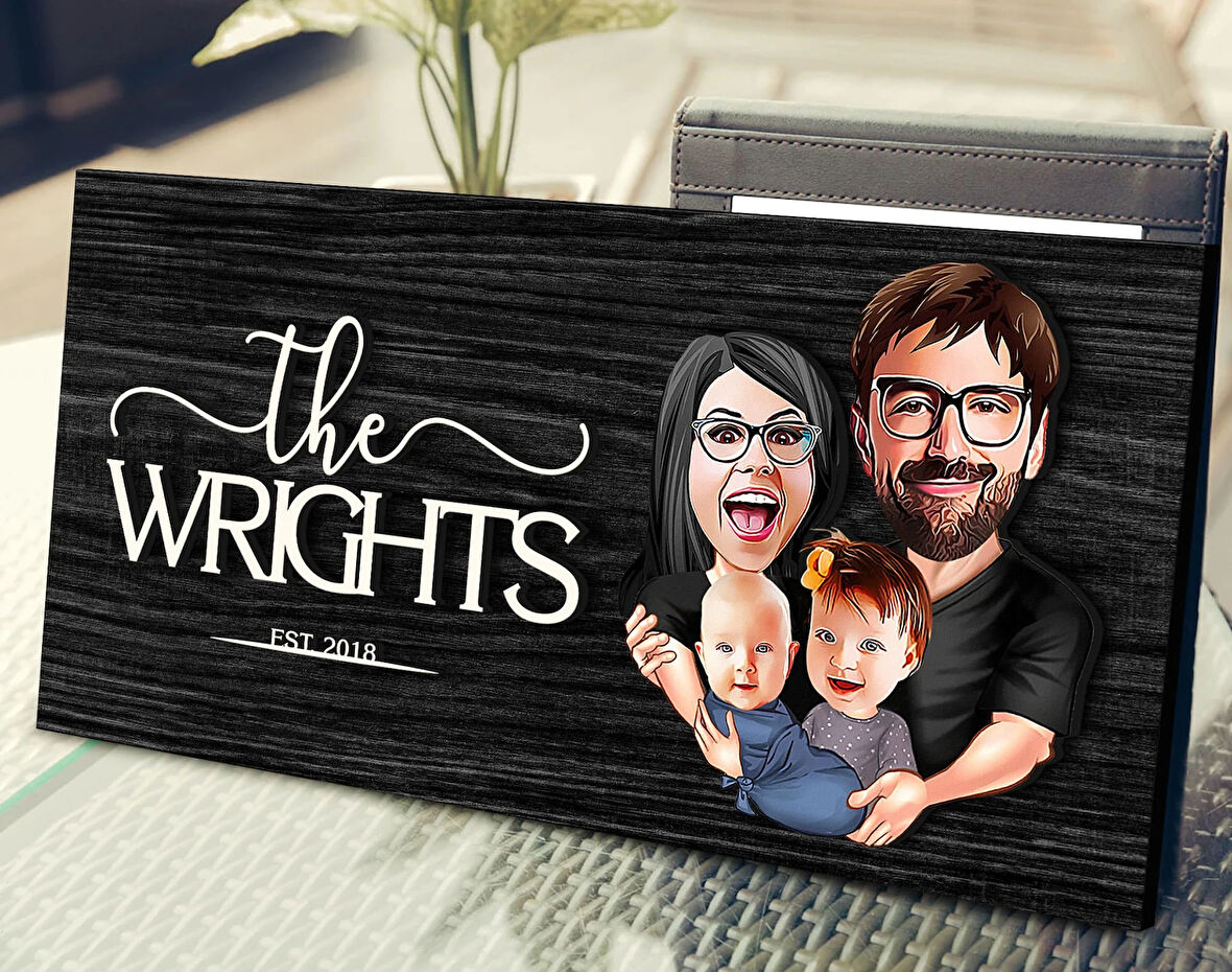 BK Gift Kişiye Özel Aile Karikatürlü Kabartma Figürlü Ahşap Tablo, Duvar Dekoru, Arkadaşa Hediye, Özel Tasarım Ev Hediyesi-5