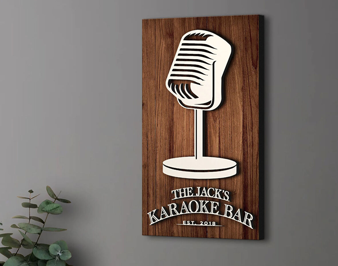 BK Gift Kişiye Özel Kabartma Tasarımlı Ahşap Karaoke Bar Tabelası, Home Bar Tabela, Rustik Ev Dekorasyonu, Duvar Dekoru-1