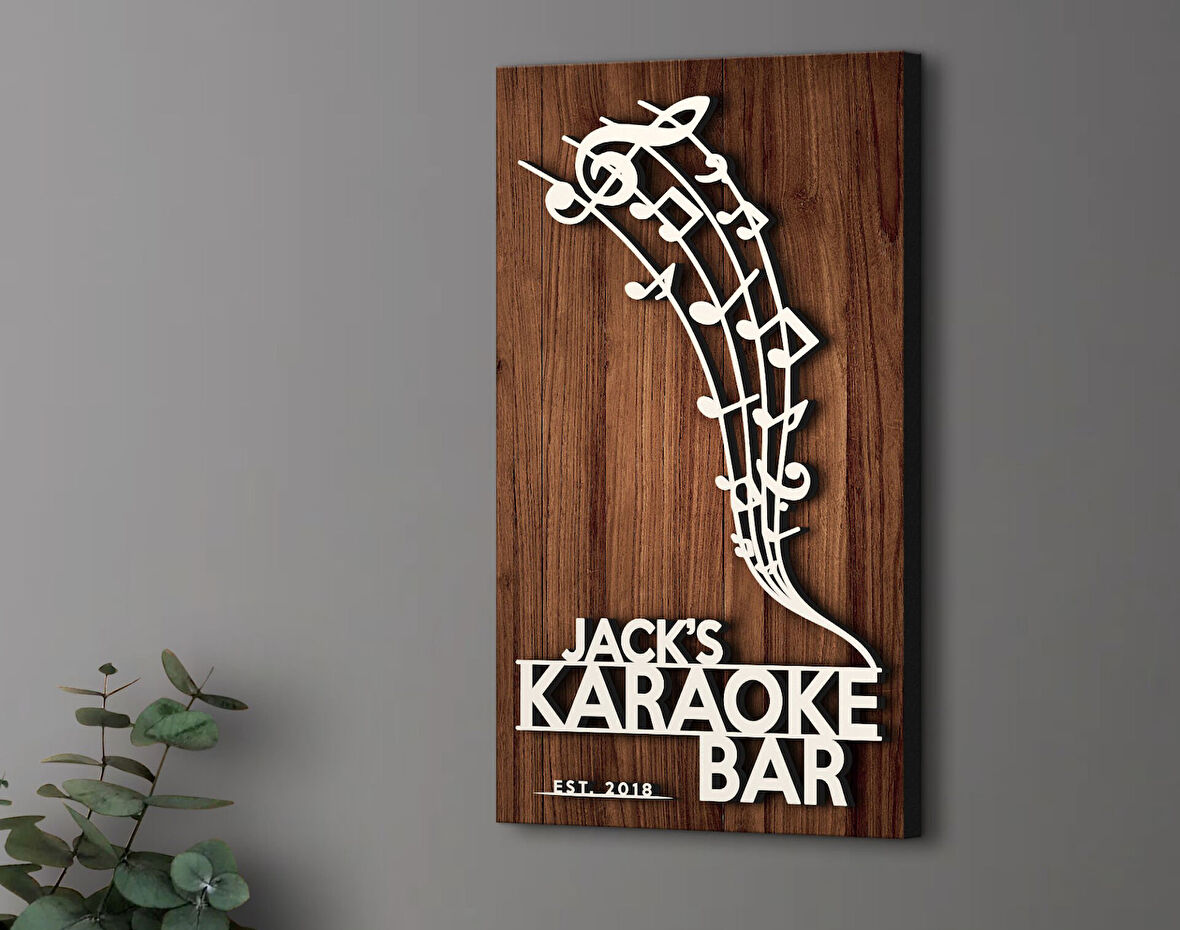 BK Gift Kişiye Özel Kabartma Tasarımlı Ahşap Karaoke Bar Tabelası, Home Bar Tabela, Rustik Ev Dekorasyonu, Duvar Dekoru-4