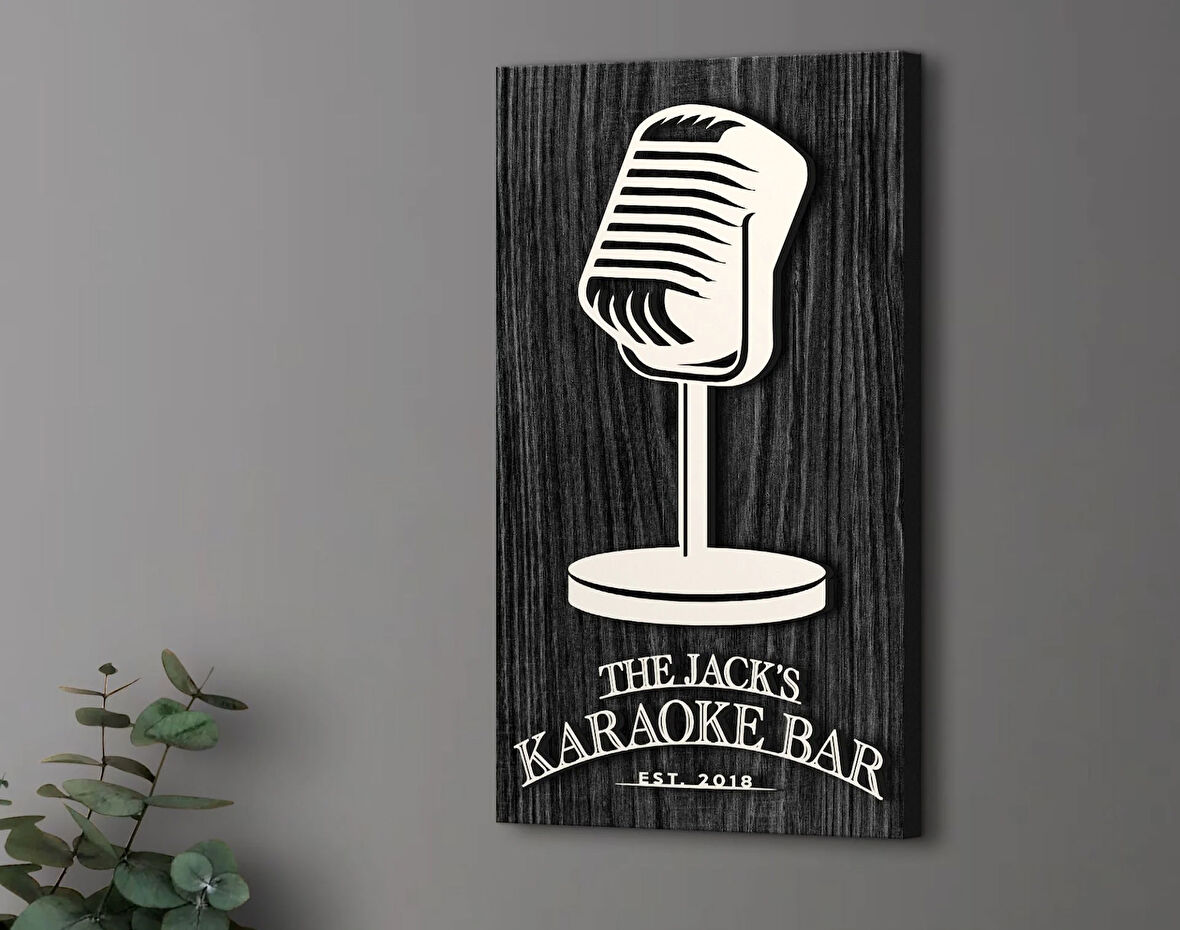 BK Gift Kişiye Özel Kabartma Tasarımlı Siyah (Ebony) Ahşap Karaoke Bar Tabelası, Home Bar Tabela, Rustik Ev Dekorasyonu, Duvar Dekoru-1