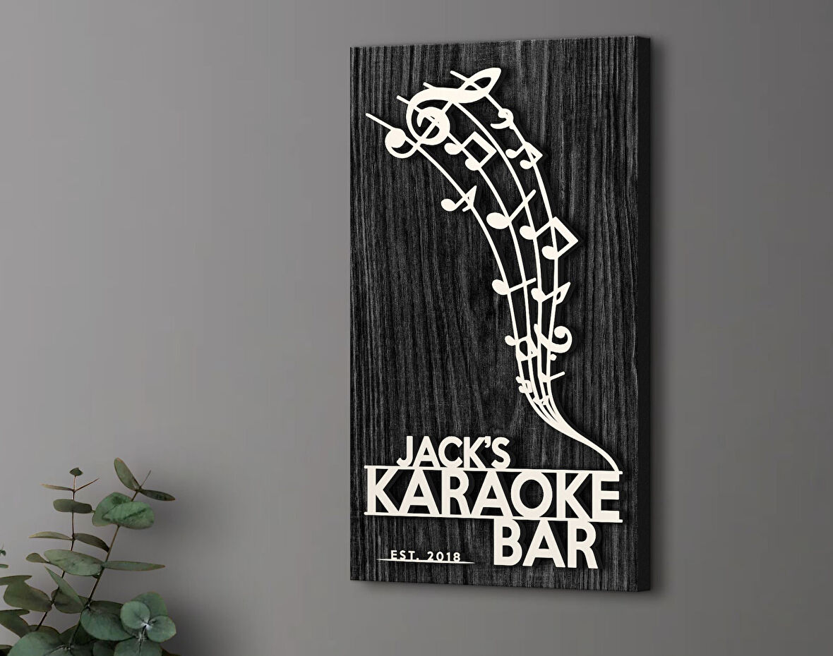 BK Gift Kişiye Özel Kabartma Tasarımlı Siyah (Ebony) Ahşap Karaoke Bar Tabelası, Home Bar Tabela, Rustik Ev Dekorasyonu, Duvar Dekoru-4
