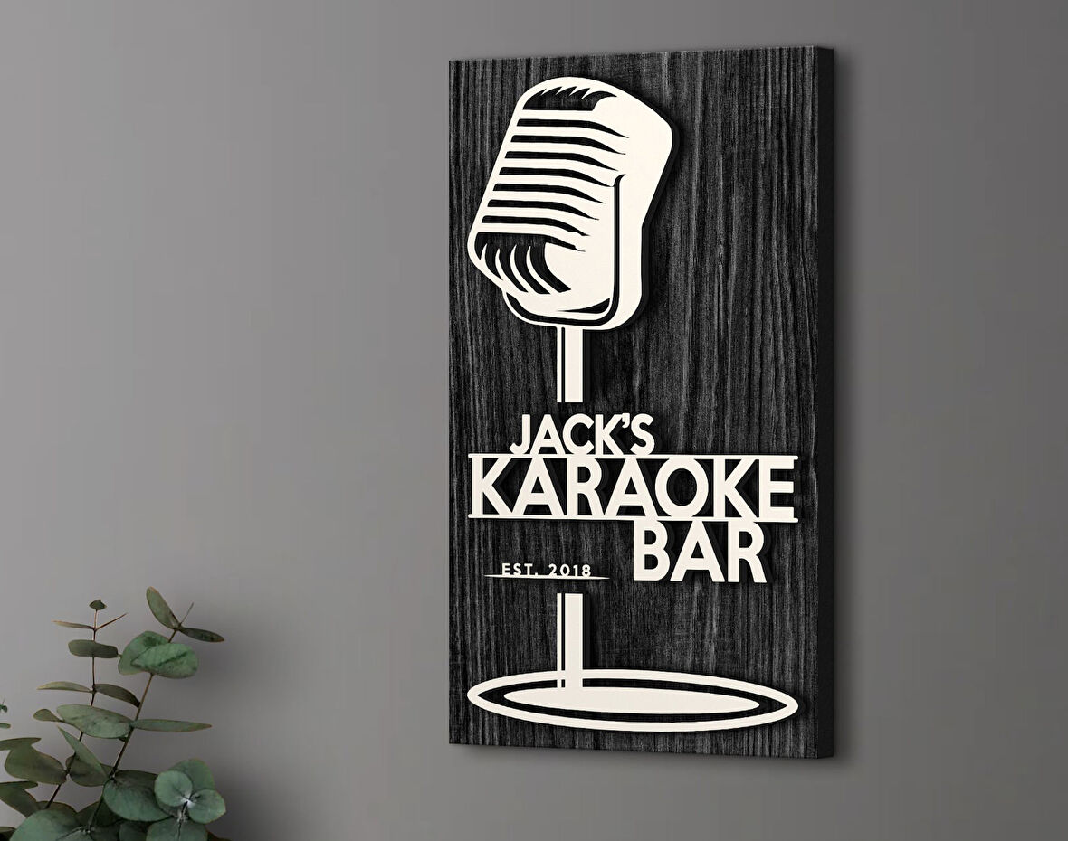 BK Gift Kişiye Özel Kabartma Tasarımlı Siyah (Ebony) Ahşap Karaoke Bar Tabelası, Home Bar Tabela, Rustik Ev Dekorasyonu, Duvar Dekoru-5