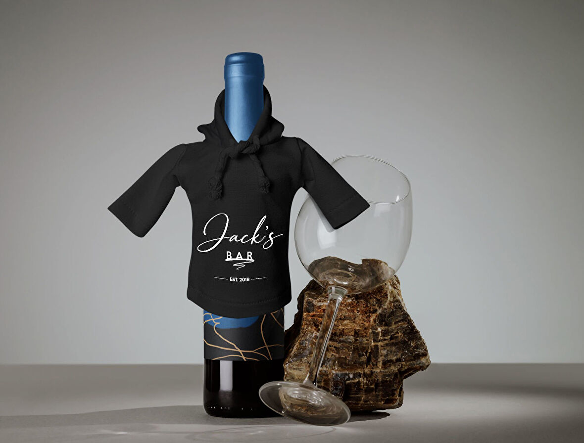 BK Gift Kişiye Özel Mini Siyah İçki Şişesi Tişörtü , Ev Bar Dekoru, Viski, Şarap, Votka, Rakı Şişesi Tişörtü, Ev Barı-1