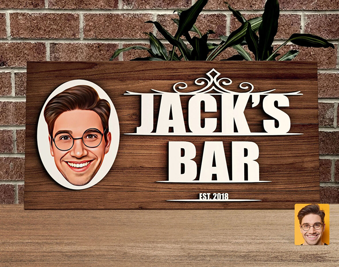 BK Gift Kişiye Özel Karikatürlü Kabartma Tasarım Ahşap Bar Tabelası, Home Bar Tabela, Rustik Ev Dekorasyonu, Duvar Dekoru-1