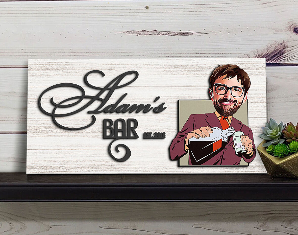BK Gift Kişiye Özel Karikatürlü Kabartma Tasarım Antik Beyaz Ahşap Bar Tabelası, Home Bar Tabela, Rustik Ev Dekorasyonu, Duvar Dekoru-2