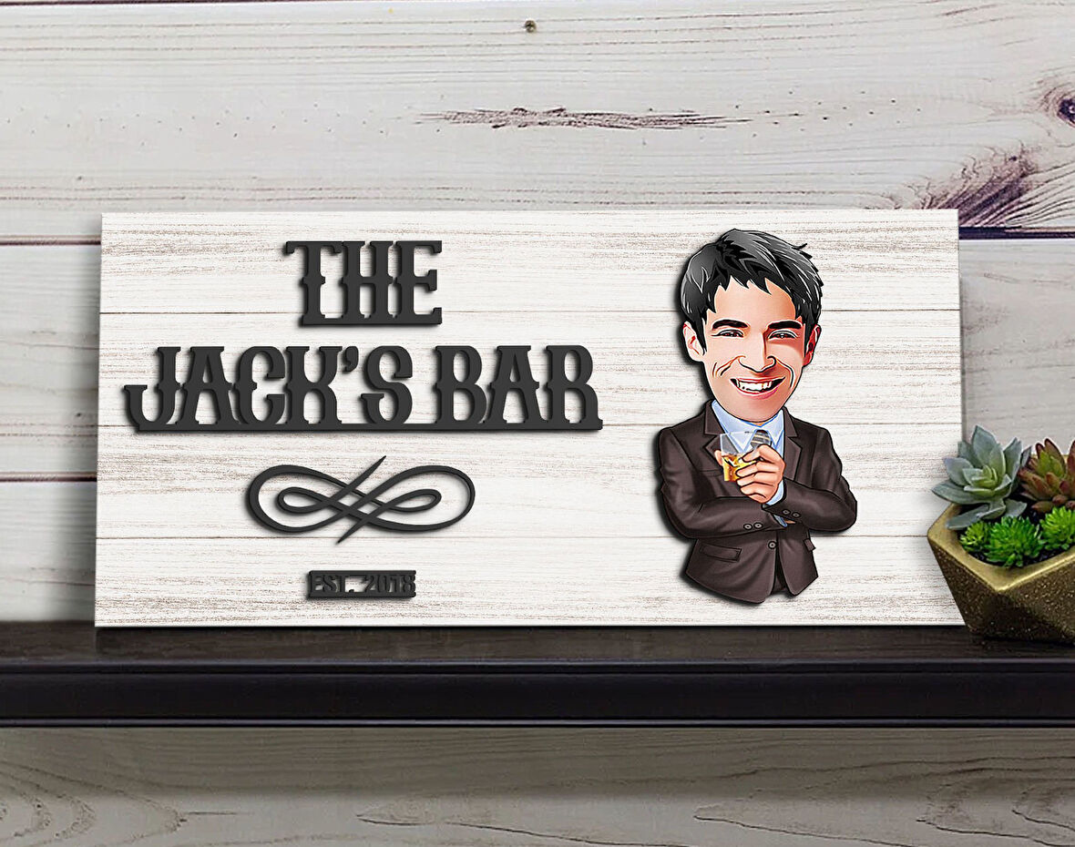 BK Gift Kişiye Özel Karikatürlü Kabartma Tasarım Antik Beyaz Ahşap Bar Tabelası, Home Bar Tabela, Rustik Ev Dekorasyonu, Duvar Dekoru-4