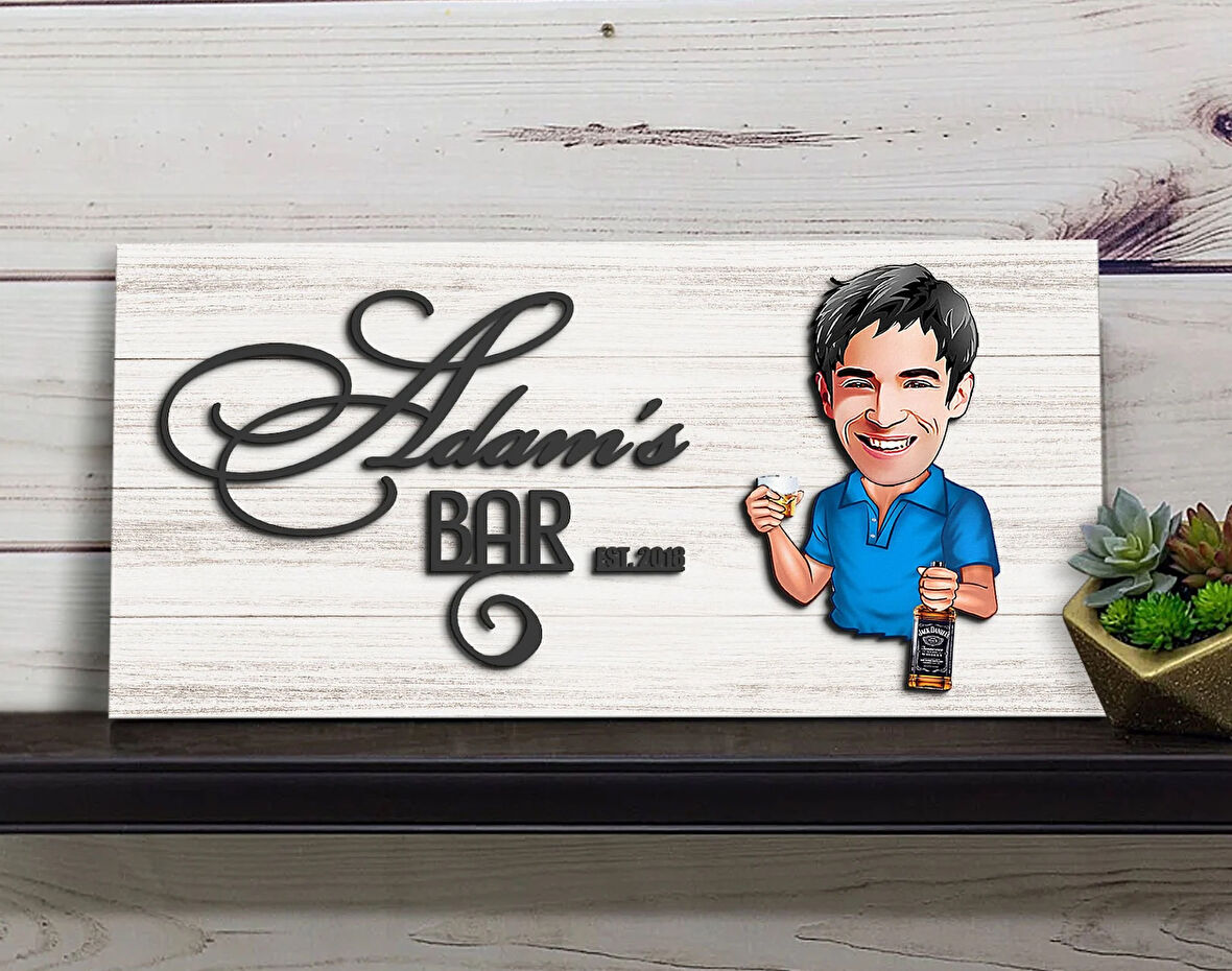 BK Gift Kişiye Özel Karikatürlü Kabartma Tasarım Antik Beyaz Ahşap Bar Tabelası, Home Bar Tabela, Rustik Ev Dekorasyonu, Duvar Dekoru-6