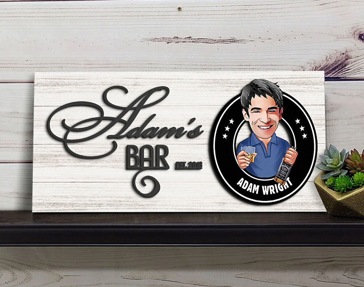 BK Gift Kişiye Özel Karikatürlü Kabartma Tasarım Antik Beyaz Ahşap Bar Tabelası, Home Bar Tabela, Rustik Ev Dekorasyonu, Duvar Dekoru-9