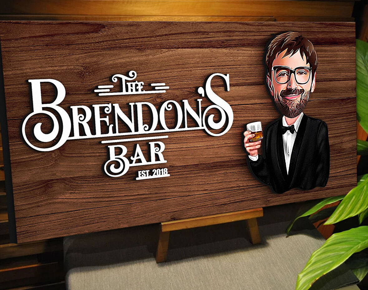 BK Gift Kişiye Özel Karikatürlü Kabartma Tasarım Ceviz Ahşap Bar Tabelası, Home Bar Tabela, Rustik Ev Dekorasyonu, Duvar Dekoru-2