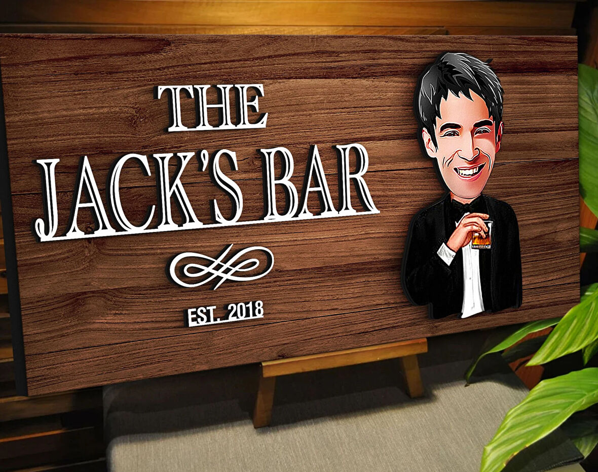 BK Gift Kişiye Özel Karikatürlü Kabartma Tasarım Ceviz Ahşap Bar Tabelası, Home Bar Tabela, Rustik Ev Dekorasyonu, Duvar Dekoru-3