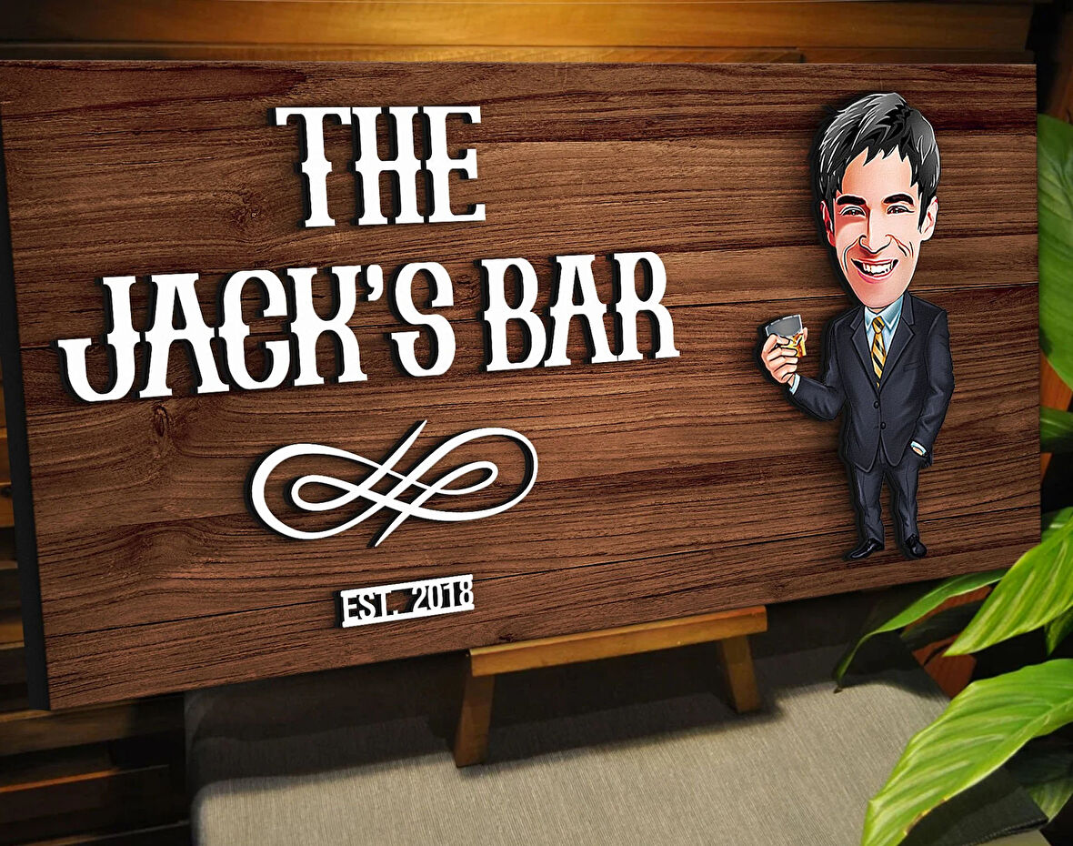 BK Gift Kişiye Özel Karikatürlü Kabartma Tasarım Ceviz Ahşap Bar Tabelası, Home Bar Tabela, Rustik Ev Dekorasyonu, Duvar Dekoru-4