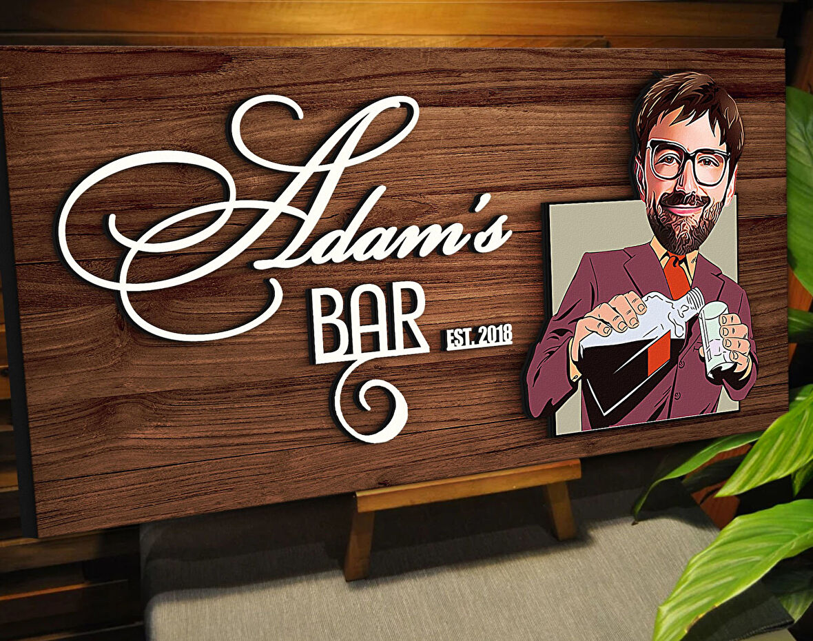 BK Gift Kişiye Özel Karikatürlü Kabartma Tasarım Ceviz Ahşap Bar Tabelası, Home Bar Tabela, Rustik Ev Dekorasyonu, Duvar Dekoru-7