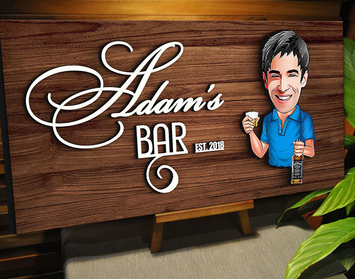 BK Gift Kişiye Özel Karikatürlü Kabartma Tasarım Ceviz Ahşap Bar Tabelası, Home Bar Tabela, Rustik Ev Dekorasyonu, Duvar Dekoru-11