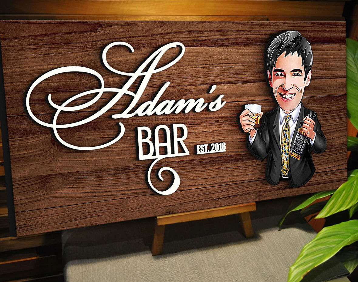 BK Gift Kişiye Özel Karikatürlü Kabartma Tasarım Ceviz Ahşap Bar Tabelası, Home Bar Tabela, Rustik Ev Dekorasyonu, Duvar Dekoru-12