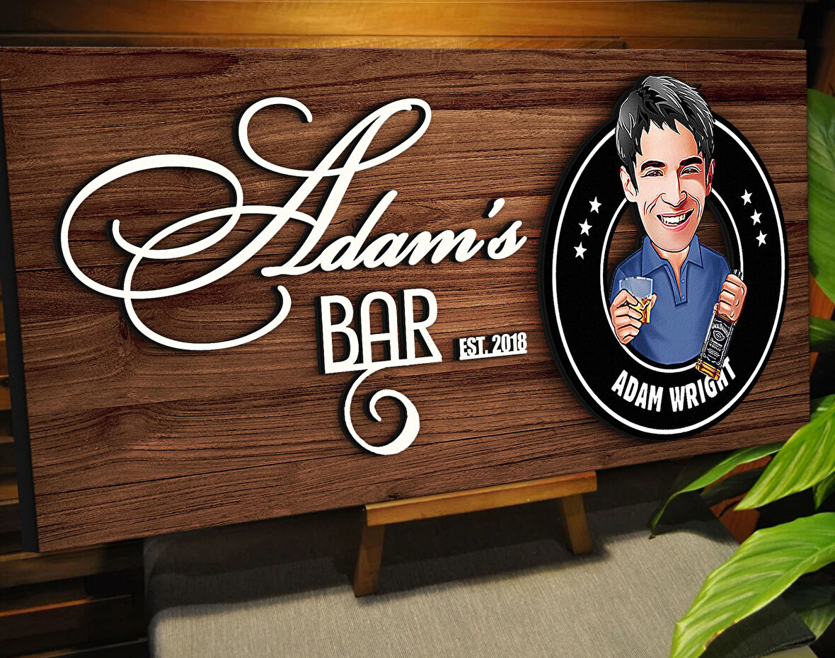 BK Gift Kişiye Özel Karikatürlü Kabartma Tasarım Ceviz Ahşap Bar Tabelası, Home Bar Tabela, Rustik Ev Dekorasyonu, Duvar Dekoru-14