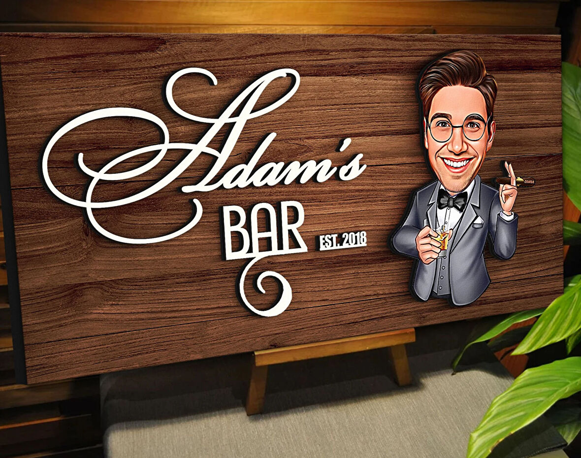 BK Gift Kişiye Özel Karikatürlü Kabartma Tasarım Ceviz Ahşap Bar Tabelası, Home Bar Tabela, Rustik Ev Dekorasyonu, Duvar Dekoru-15