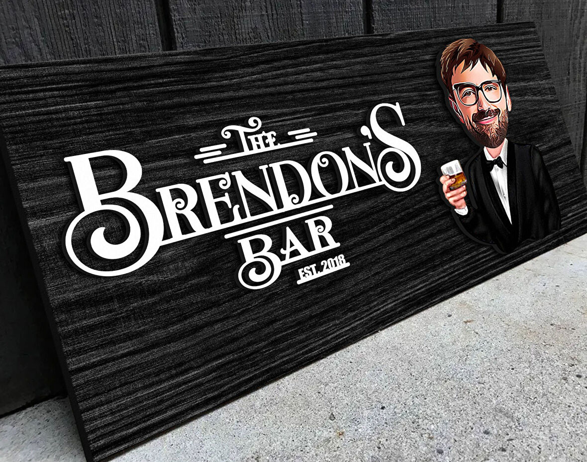 BK Gift Kişiye Özel Karikatürlü Kabartma Tasarım Siyah(Ebony) Ahşap Bar Tabelası, Home Bar Tabela, Rustik Ev Dekorasyonu, Duvar Dekoru-1