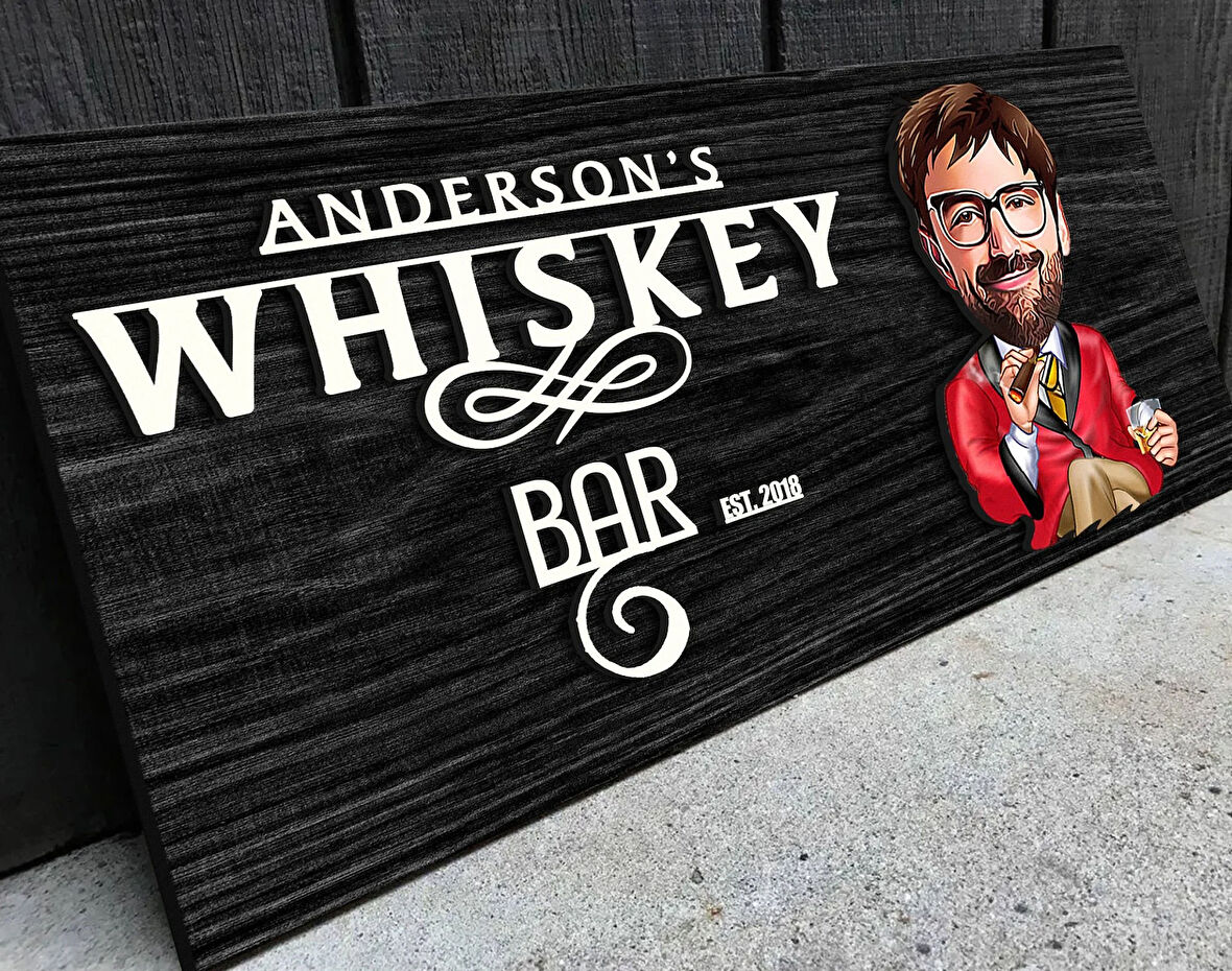 BK Gift Kişiye Özel Karikatürlü Kabartma Tasarım Siyah(Ebony) Ahşap Bar Tabelası, Home Bar Tabela, Rustik Ev Dekorasyonu, Duvar Dekoru-3