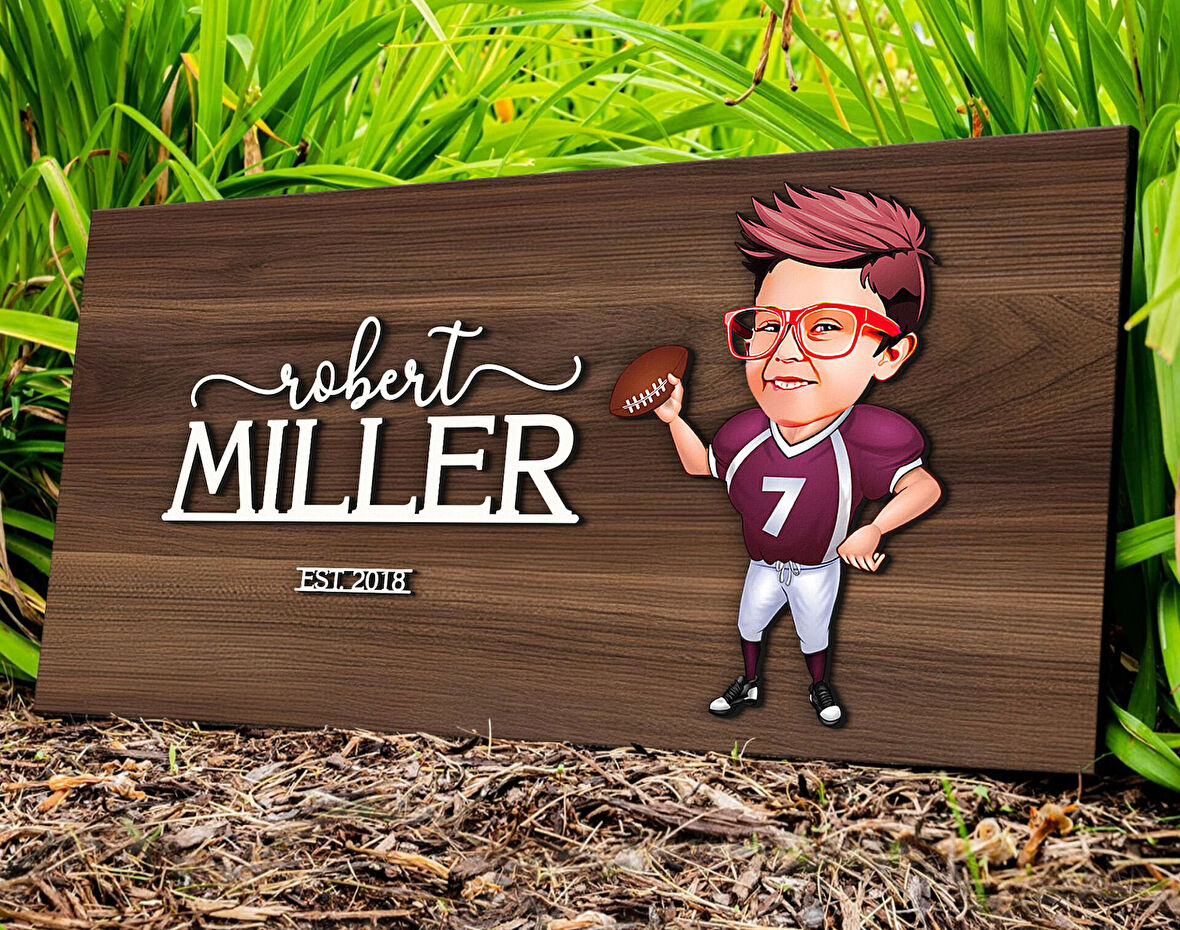 BK Gift Kişiye Özel Amerikan Futbolu Karikatürlü Kabartma Tasarım Antik Ceviz Ahşap Tabela-3, Dekoratif Tabela, Rustik Ev Dekorasyonu, Duvar Dekoru