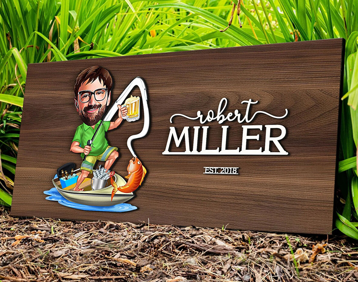 BK Gift Kişiye Özel Balıkçı Karikatürlü Kabartma Tasarım Antik Ceviz Ahşap Tabela-1, Dekoratif Tabela, Rustik Ev Dekorasyonu, Duvar Dekoru