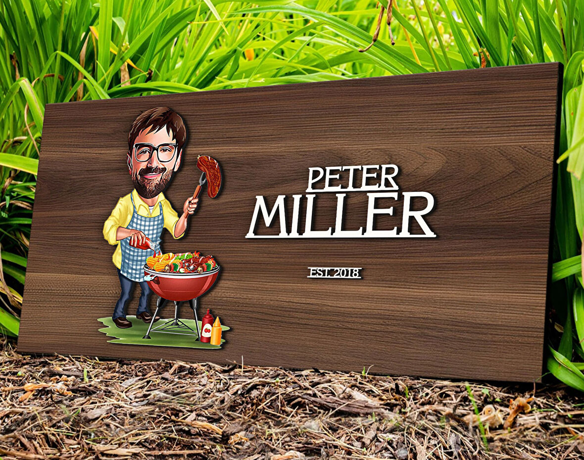 BK Gift Kişiye Özel Barbekü Karikatürlü Kabartma Tasarım Antik Ceviz Ahşap Tabela-2, Dekoratif Tabela, Rustik Ev Dekorasyonu, Duvar Dekoru