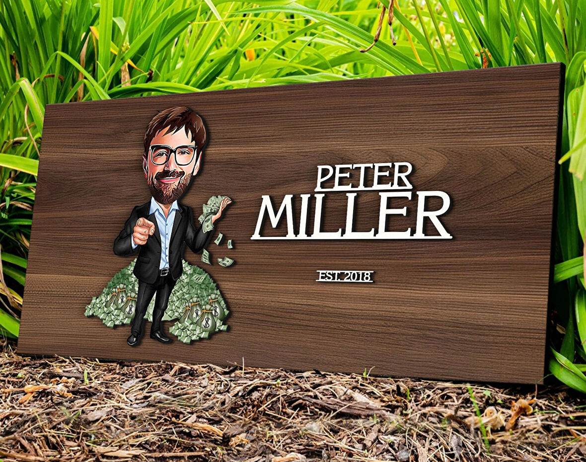 BK Gift Kişiye Özel Erkek Bankacı Karikatürlü Kabartma Tasarım Antik Ceviz Ahşap Tabela-1, Dekoratif Tabela, Rustik Ev Dekorasyonu, Duvar Dekoru