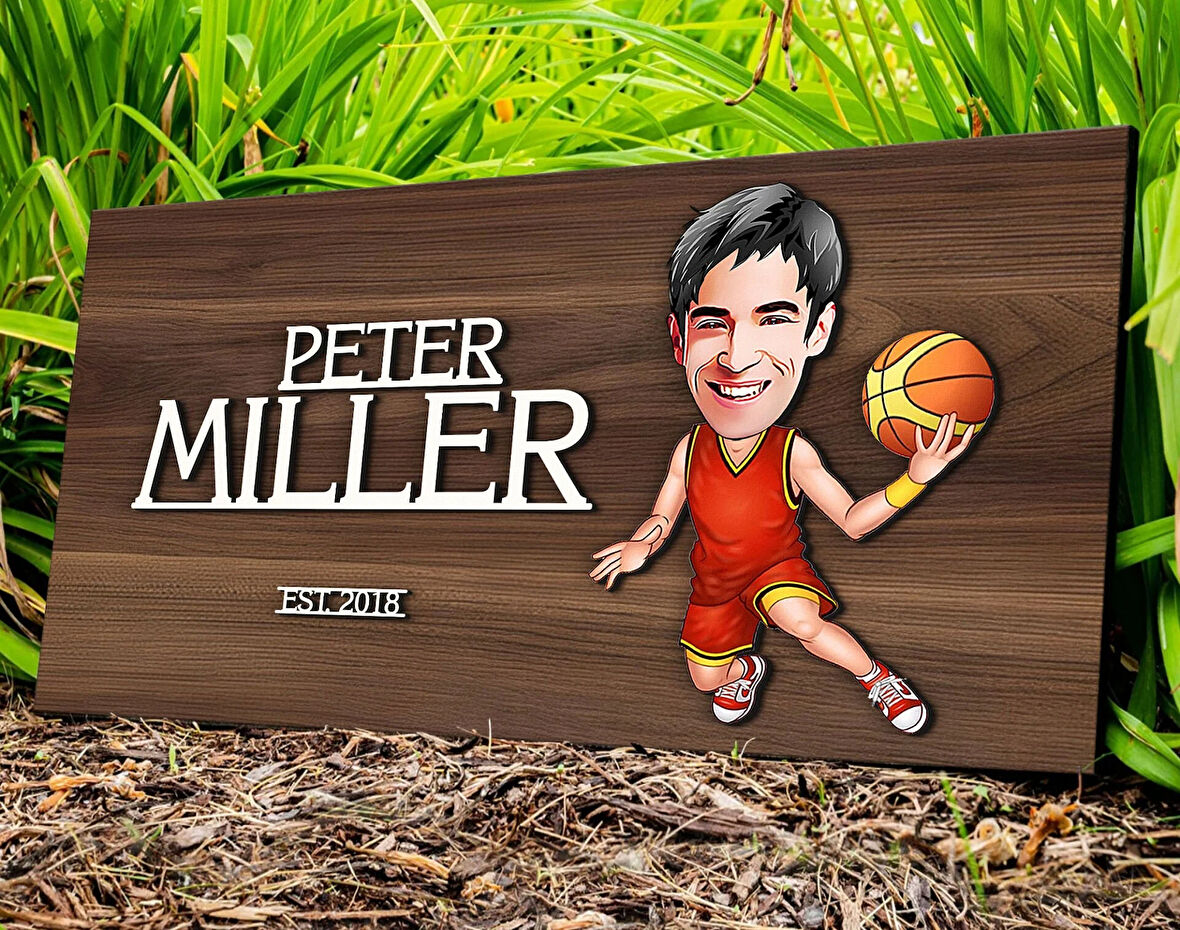 BK Gift Kişiye Özel Erkek Basketbolcu Karikatürlü Kabartma Tasarım Antik Ceviz Ahşap Tabela-1, Dekoratif Tabela, Rustik Ev Dekorasyonu, Duvar Dekoru