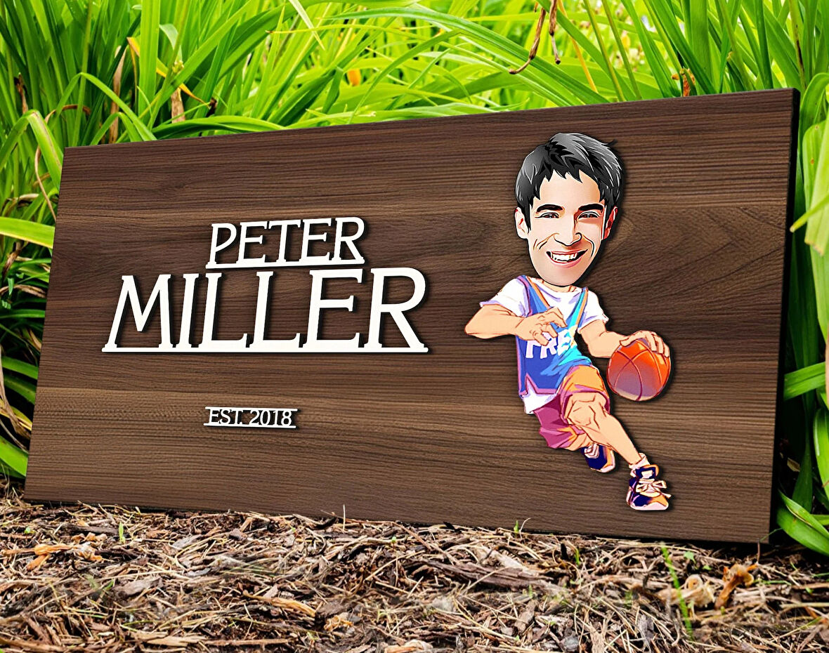 BK Gift Kişiye Özel Erkek Basketbolcu Karikatürlü Kabartma Tasarım Antik Ceviz Ahşap Tabela-2, Dekoratif Tabela, Rustik Ev Dekorasyonu, Duvar Dekoru