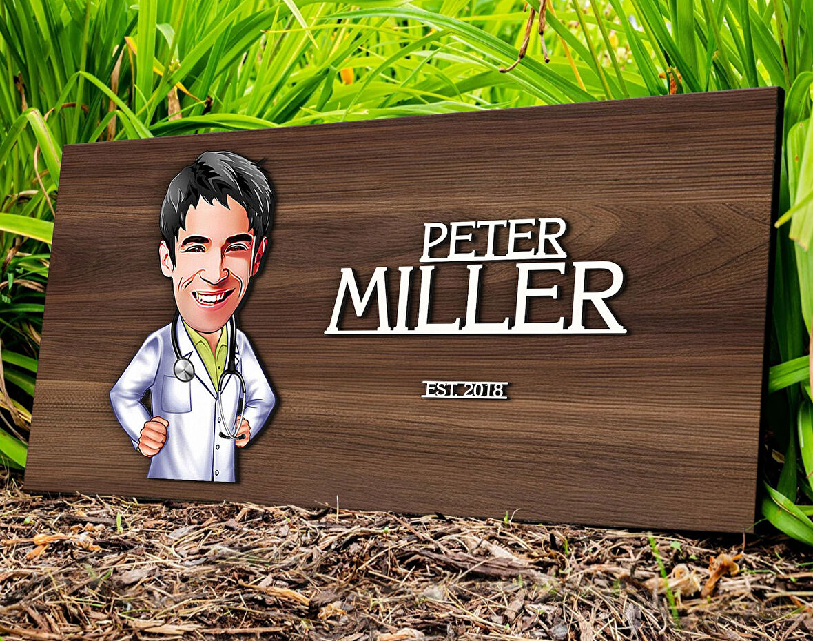 BK Gift Kişiye Özel Erkek Doktor Karikatürlü Kabartma Tasarım Antik Ceviz Ahşap Tabela-2, Dekoratif Tabela, Rustik Ev Dekorasyonu, Duvar Dekoru