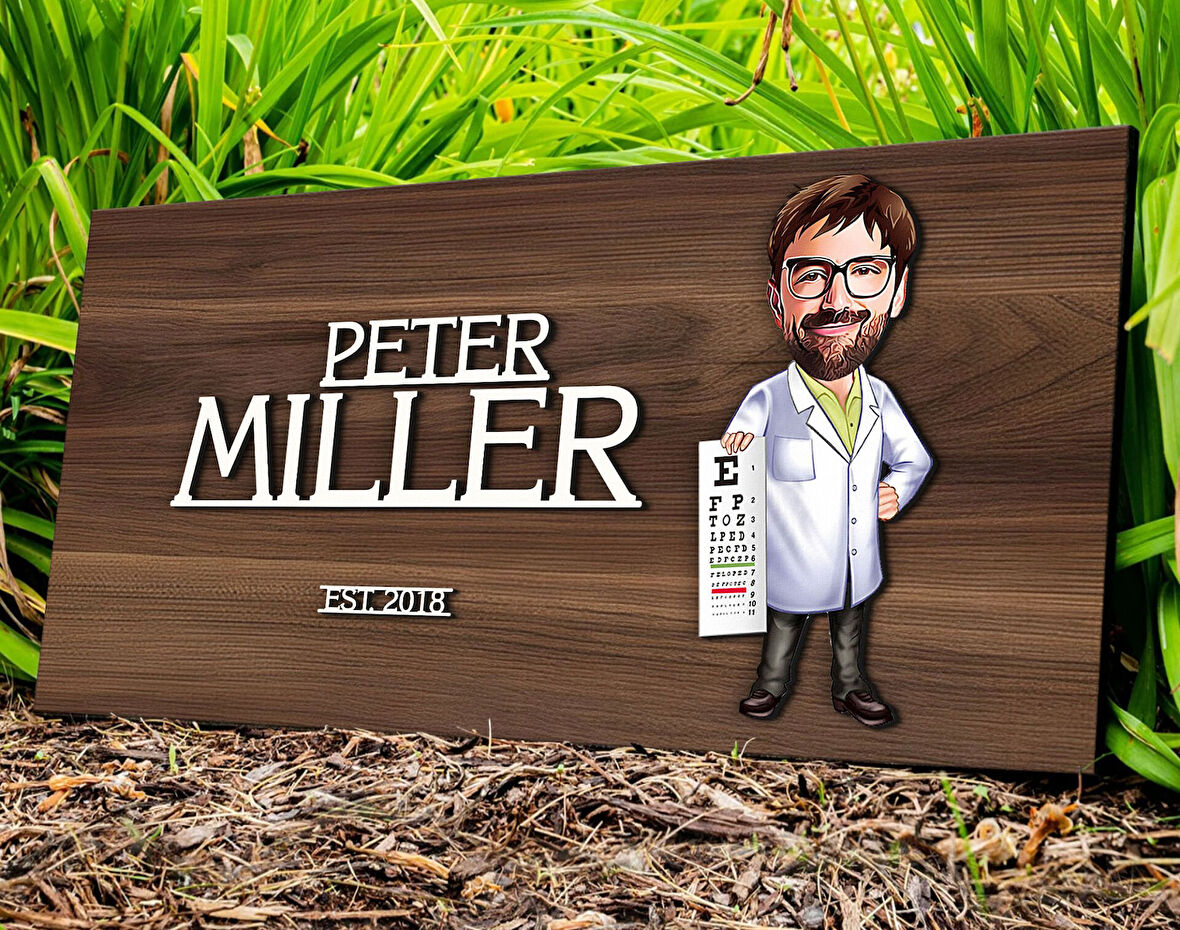 BK Gift Kişiye Özel Erkek Göz Doktoru Karikatürlü Kabartma Tasarım Antik Ceviz Ahşap Tabela-1, Dekoratif Tabela, Rustik Ev Dekorasyonu, Duvar Dekoru