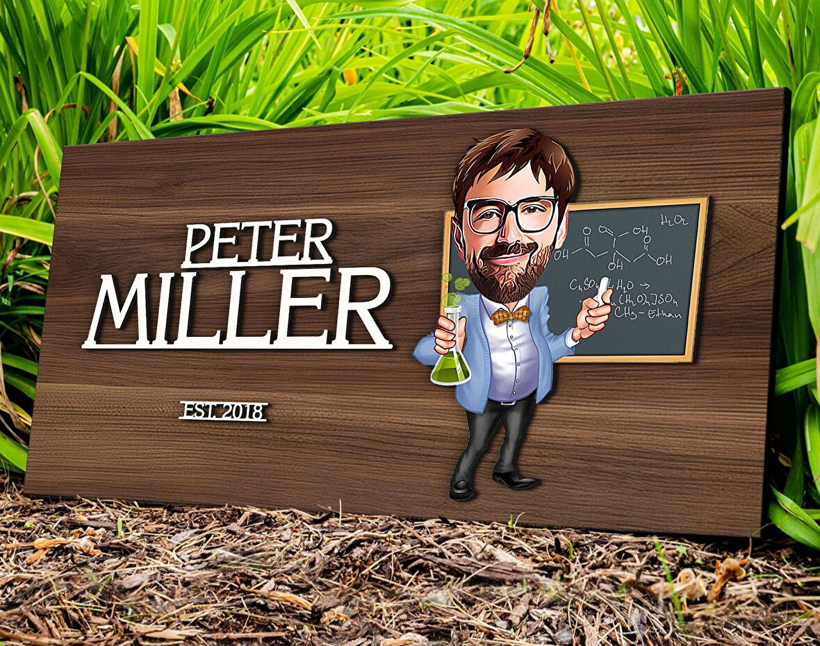 BK Gift Kişiye Özel Erkek Kimya Öğretmeni Karikatürlü Kabartma Tasarım Antik Ceviz Ahşap Tabela-1, Dekoratif Tabela, Rustik Ev Dekorasyonu, Duvar Dekoru