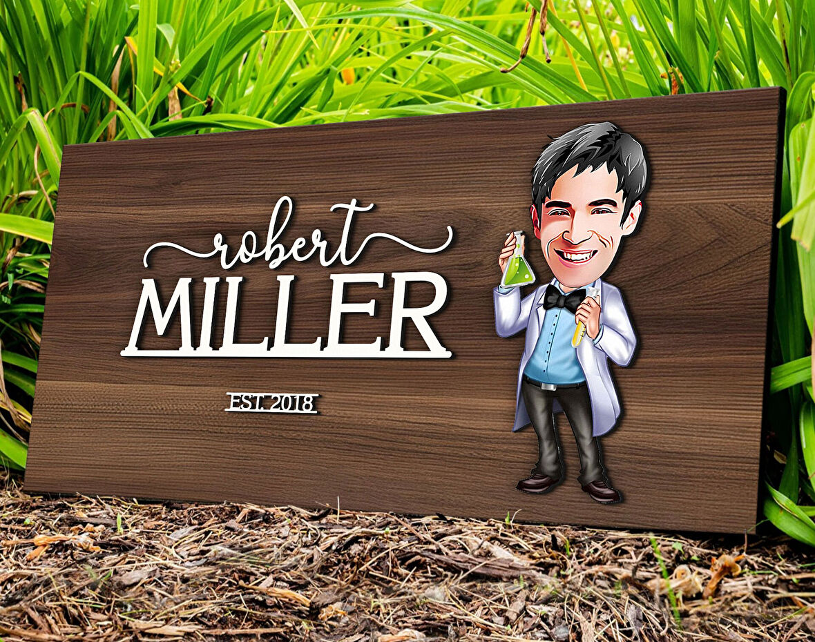 BK Gift Kişiye Özel Erkek Kimya Öğretmeni Karikatürlü Kabartma Tasarım Antik Ceviz Ahşap Tabela-2, Dekoratif Tabela, Rustik Ev Dekorasyonu, Duvar Dekoru