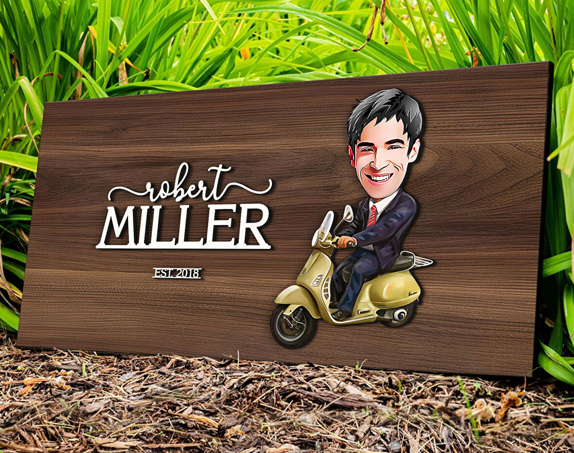 BK Gift Kişiye Özel Erkek Motorcu Karikatürlü Kabartma Tasarım Antik Ceviz Ahşap Tabela-3, Dekoratif Tabela, Rustik Ev Dekorasyonu, Duvar Dekoru