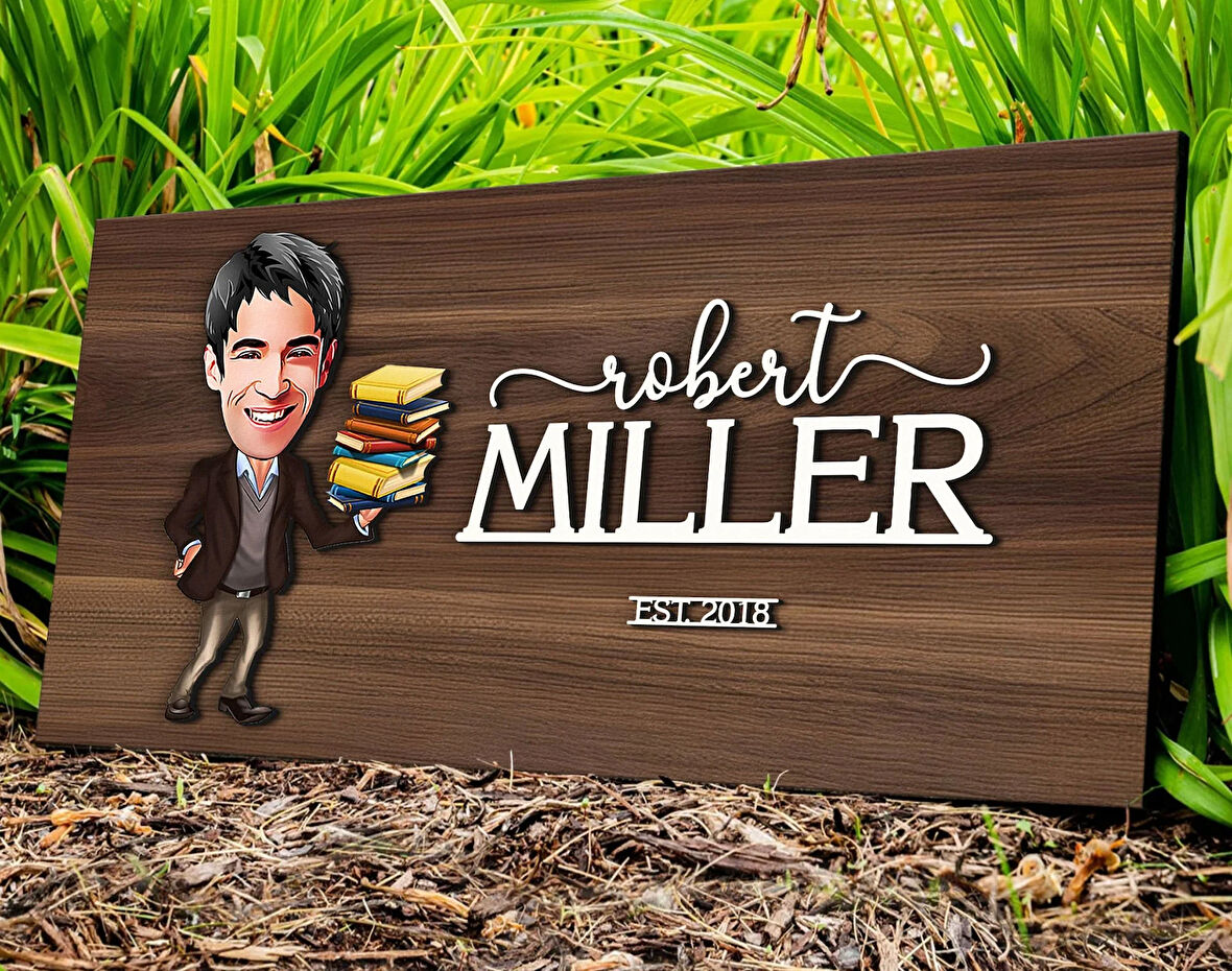 BK Gift Kişiye Özel Erkek Öğretmen Karikatürlü Kabartma Tasarım Antik Ceviz Ahşap Tabela-1, Dekoratif Tabela, Rustik Ev Dekorasyonu, Duvar Dekoru