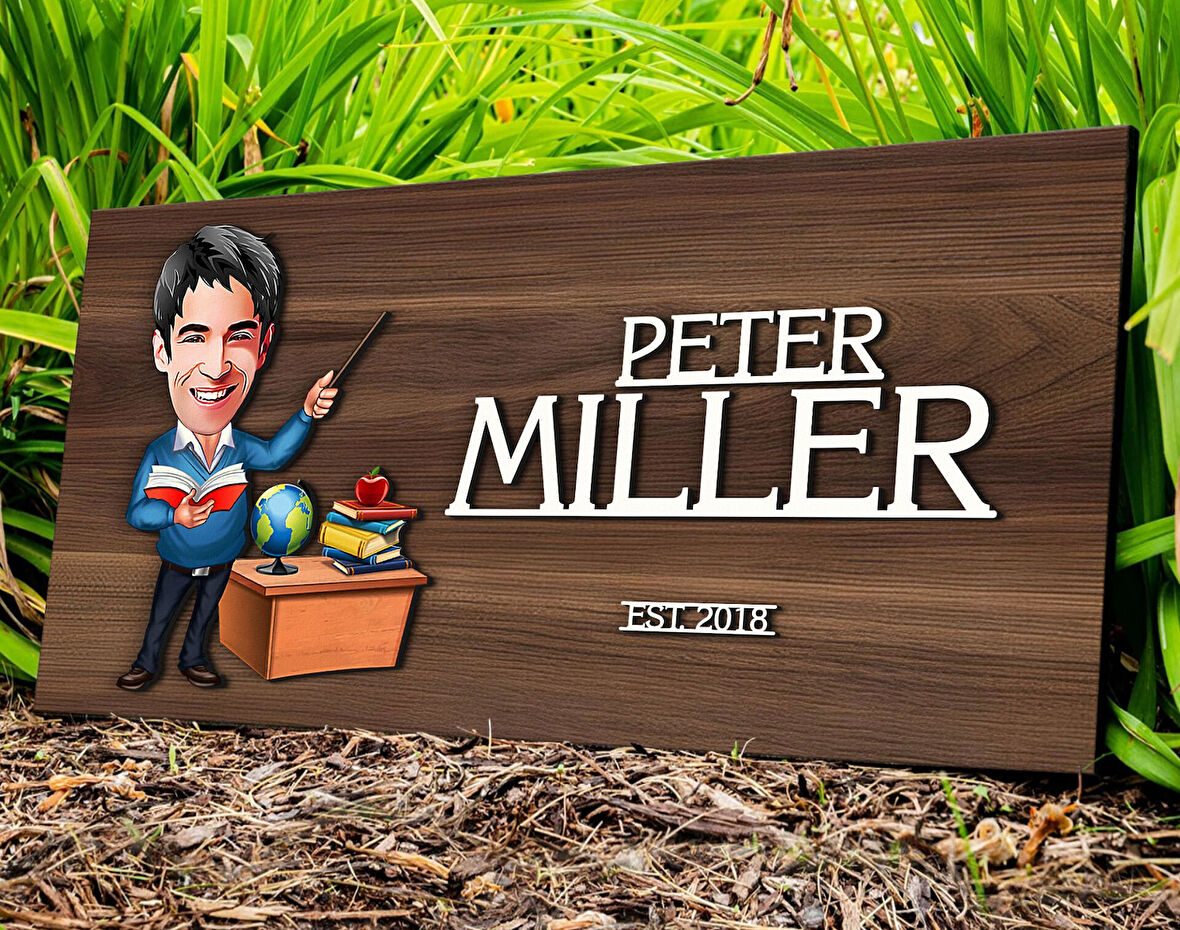 BK Gift Kişiye Özel Erkek Öğretmen Karikatürlü Kabartma Tasarım Antik Ceviz Ahşap Tabela-4, Dekoratif Tabela, Rustik Ev Dekorasyonu, Duvar Dekoru