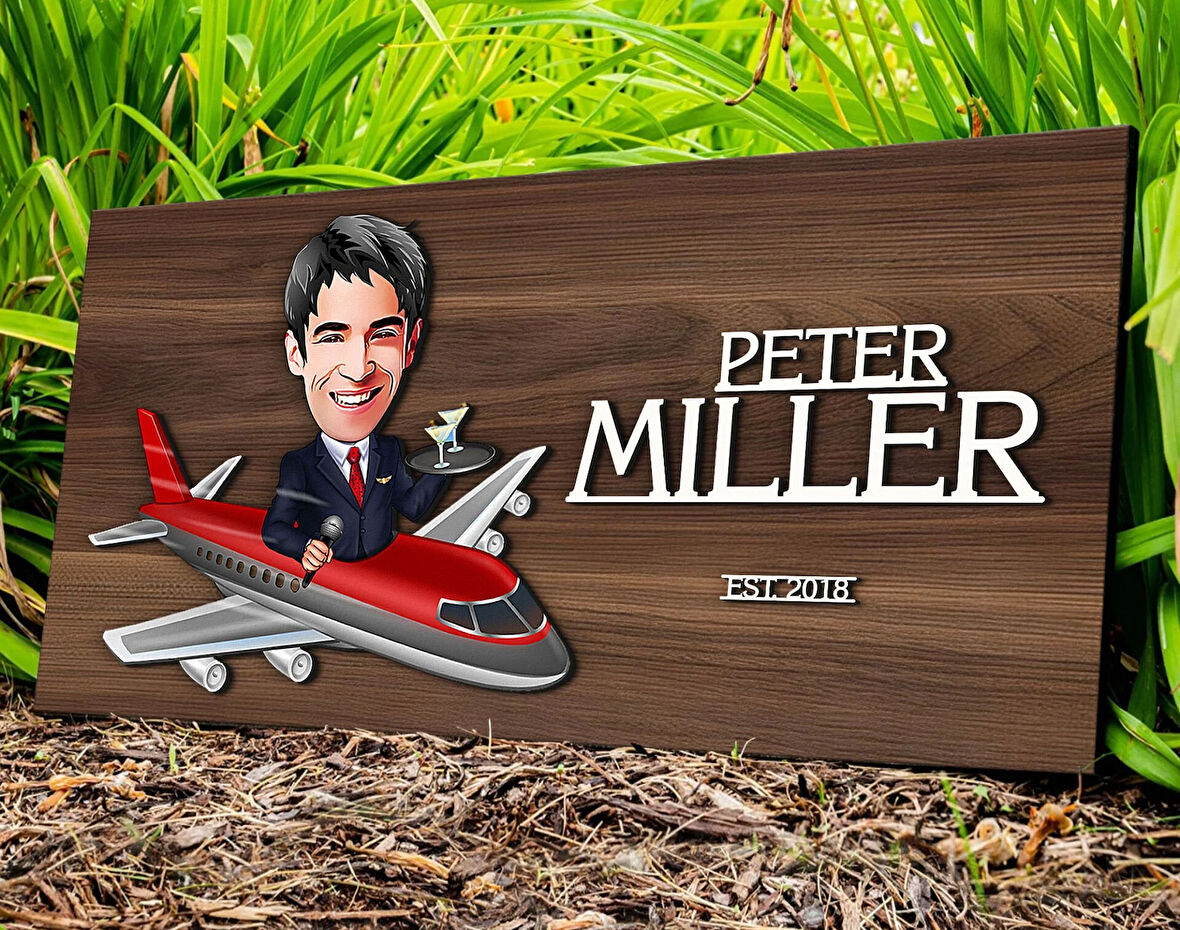 BK Gift Kişiye Özel Erkek Hostes Karikatürlü Kabartma Tasarım Antik Ceviz Ahşap Tabela-1, Dekoratif Tabela, Rustik Ev Dekorasyonu, Duvar Dekoru