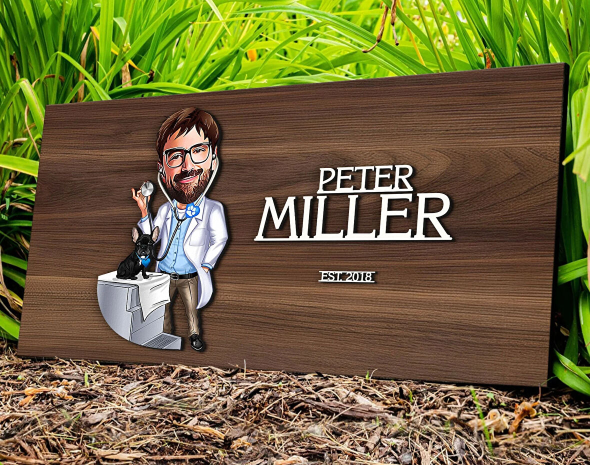 BK Gift Kişiye Özel Erkek Veteriner Karikatürlü Kabartma Tasarım Antik Ceviz Ahşap Tabela-1, Dekoratif Tabela, Rustik Ev Dekorasyonu, Duvar Dekoru