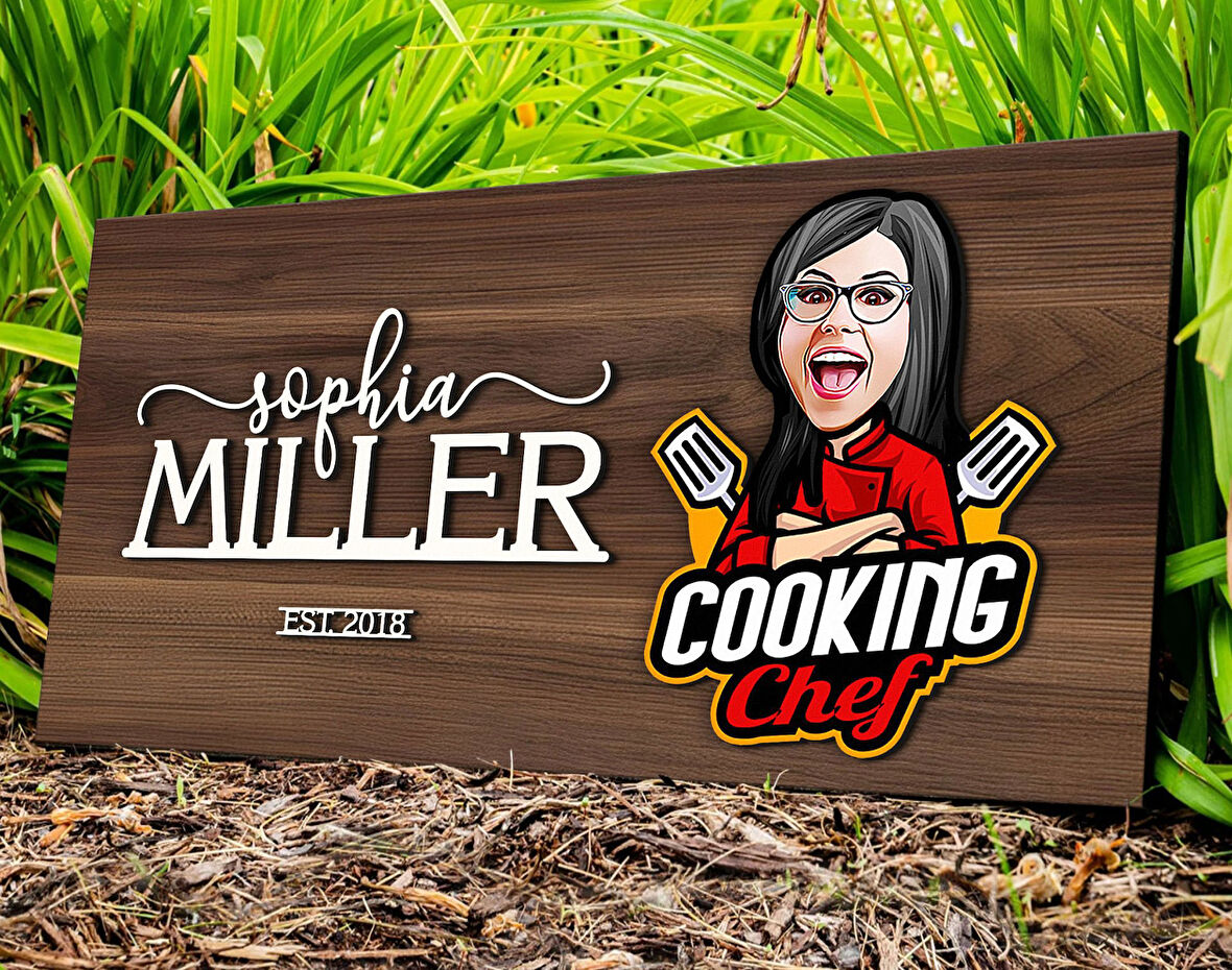 BK Gift Kişiye Özel Kadın Chef Karikatürlü Kabartma Tasarım Antik Ceviz Ahşap Tabela-3, Dekoratif Tabela, Rustik Ev Dekorasyonu, Duvar Dekoru