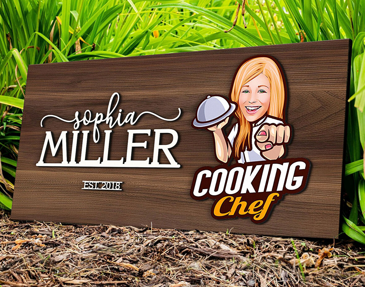 BK Gift Kişiye Özel Kadın Chef Karikatürlü Kabartma Tasarım Antik Ceviz Ahşap Tabela-9, Dekoratif Tabela, Rustik Ev Dekorasyonu, Duvar Dekoru