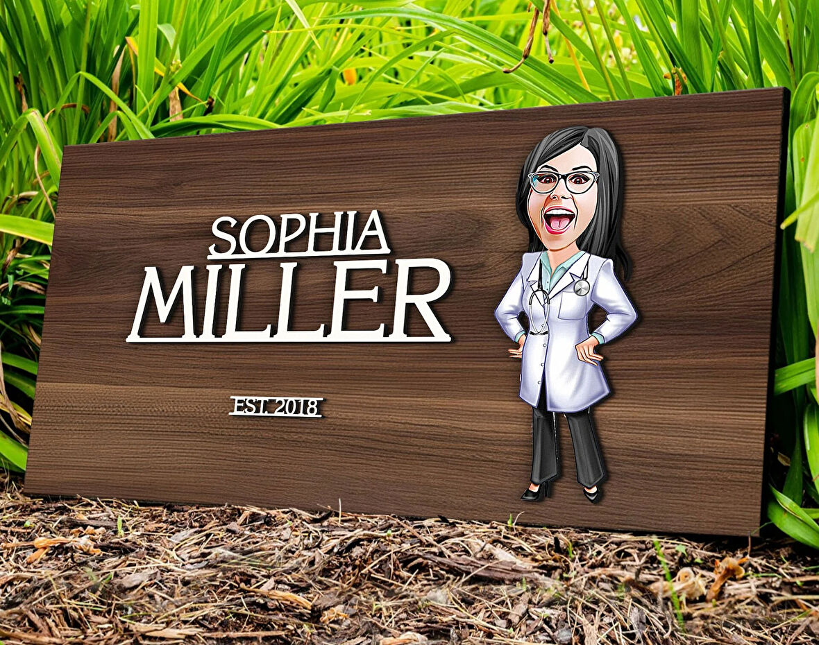 BK Gift Kişiye Özel Kadın Doktor Karikatürlü Kabartma Tasarım Antik Ceviz Ahşap Tabela-1, Dekoratif Tabela, Rustik Ev Dekorasyonu, Duvar Dekoru