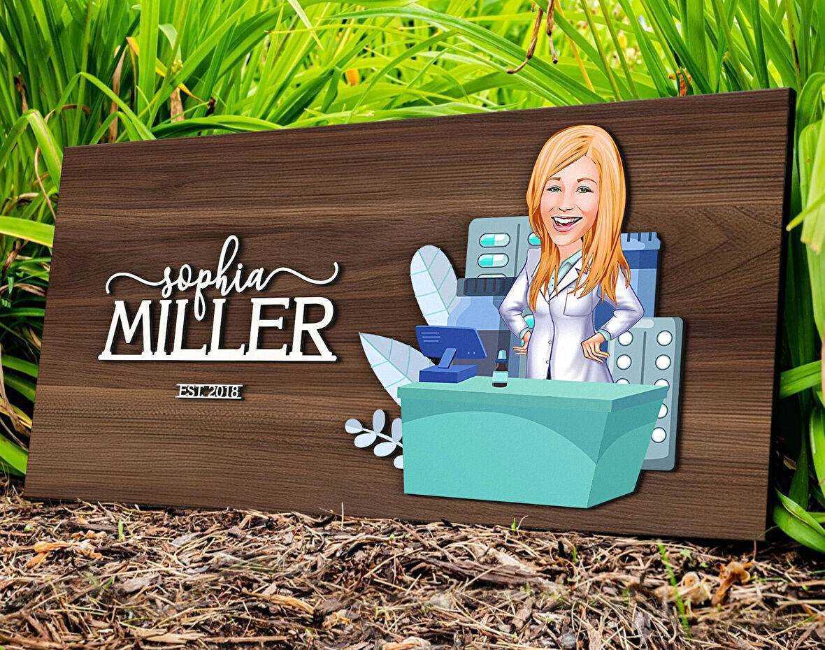 BK Gift Kişiye Özel Kadın Eczacı Karikatürlü Kabartma Tasarım Antik Ceviz Ahşap Tabela-1, Dekoratif Tabela, Rustik Ev Dekorasyonu, Duvar Dekoru